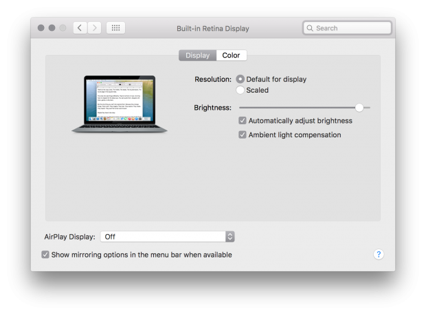 El Capitan beta 6 Display Preferences with Ambient Light Compensation